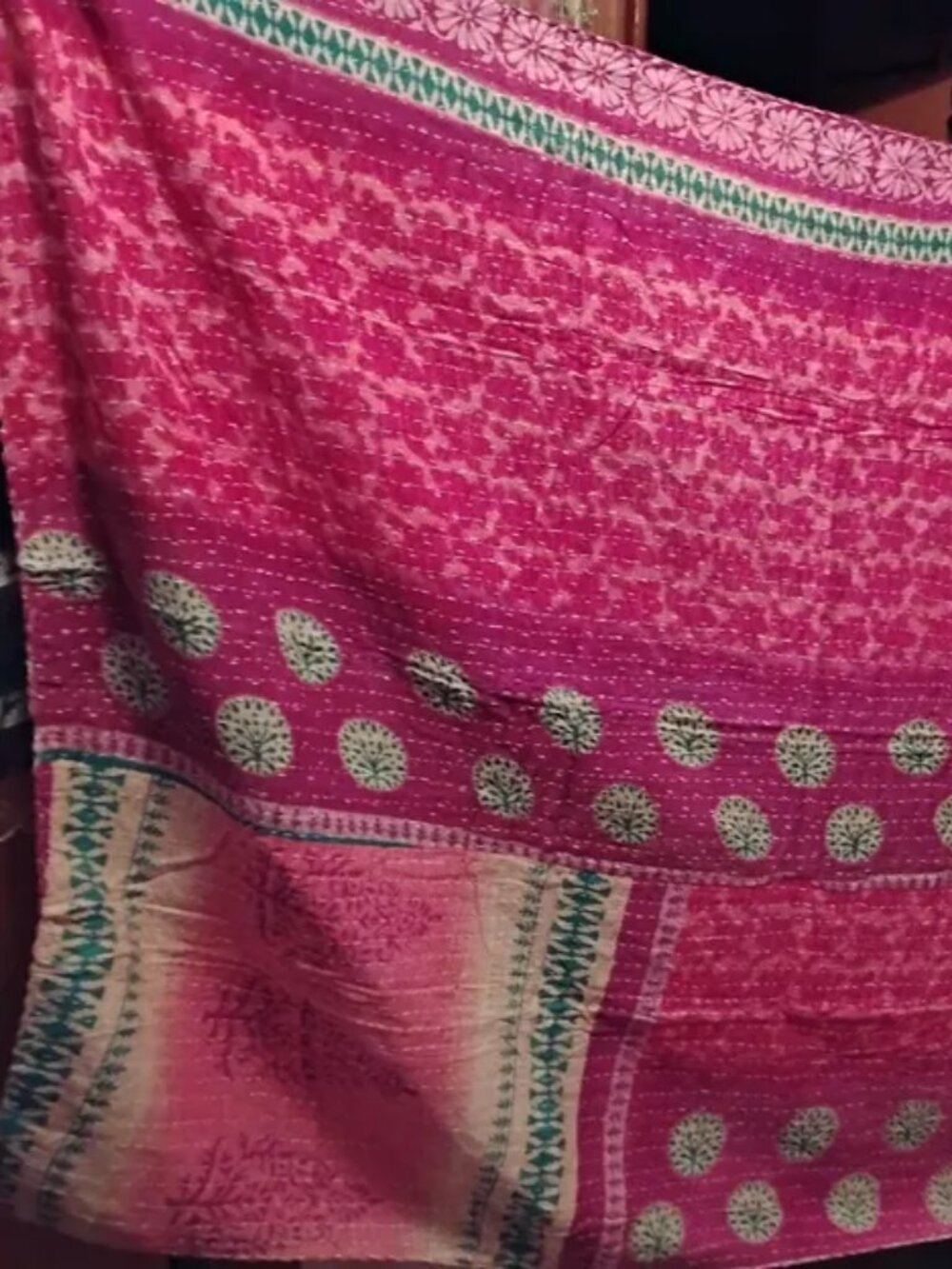 Kantha Quilt Raspberry Green Premium 3 Layer Cotton Handmade In India New K223